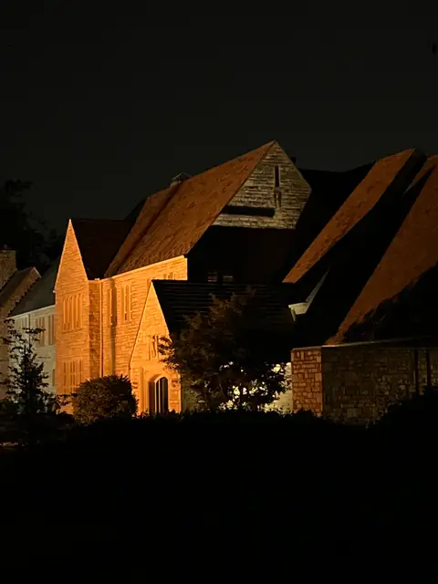 Nightfall unveils ancient beauty in warm light.